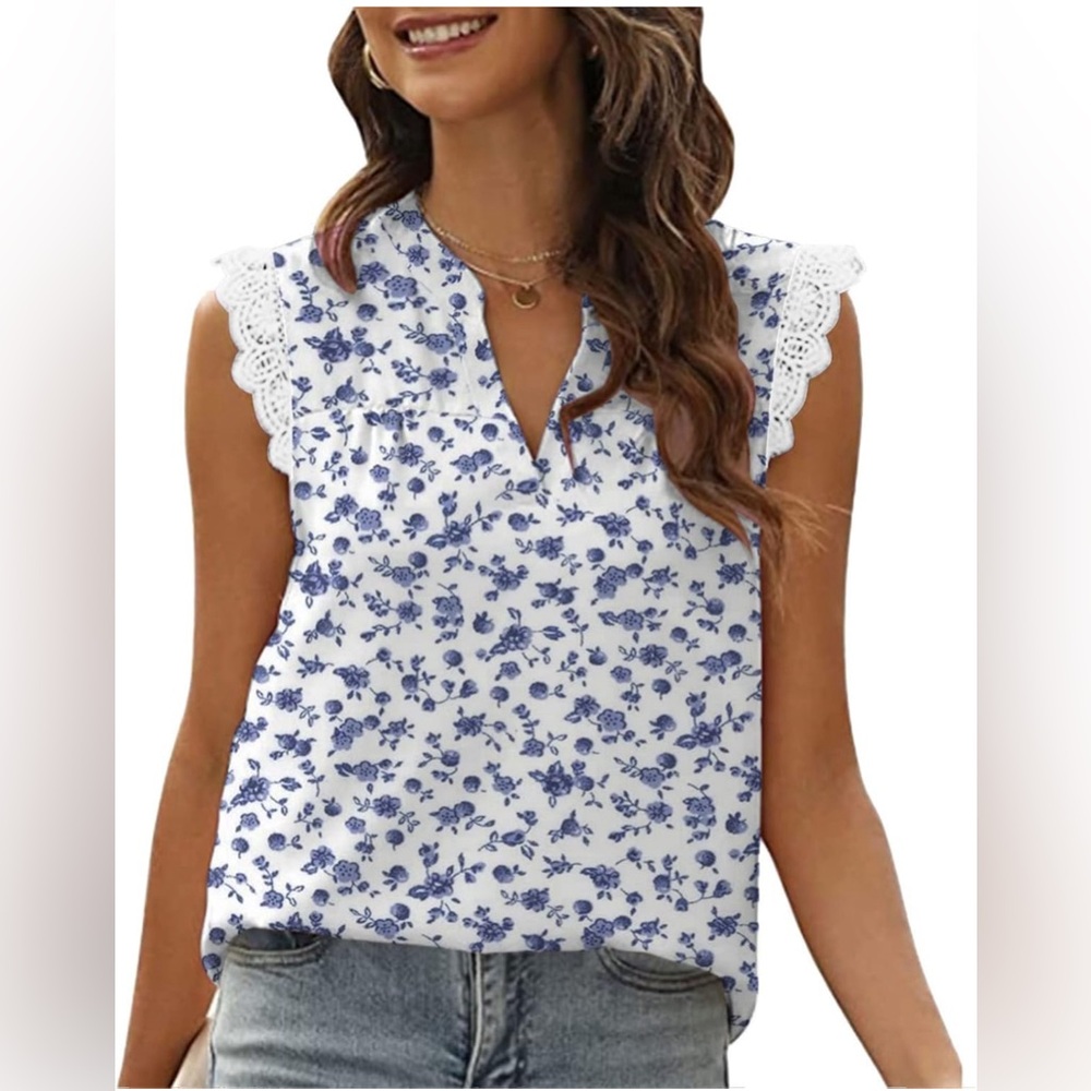 Blekii Lace Trim Floral Tank Tops for Women Loose Fit V Neck